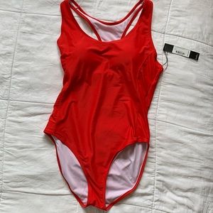 🌺Stunning Nicole Miller High Risk Red Racerback One Piece Swimsuit Size L NWT